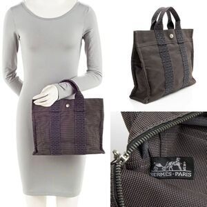 HERMES Canvas Herline PM Tote Handbag Grey H Web Stripes